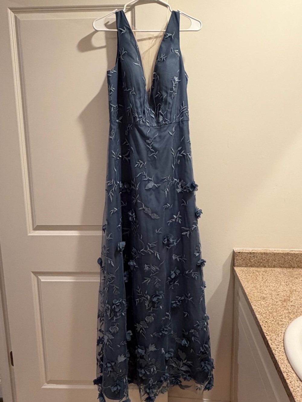 NWT Marchesa Dusty Blue Floral Appliqué Maxi Gown